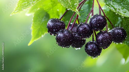 Wild elderberry bunches after rainfall closeup nature scene image