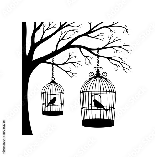 Birds in Cages under a Tree