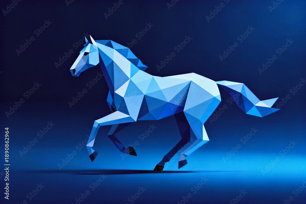 Obraz premium Low Poly Blue Horse Running in Dynamic Pose