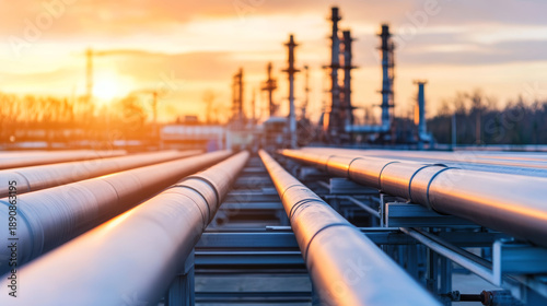 Industrial pipeline steel pipe gas pipeline oil pipeline energy infrastructure refinery sunset metal transportation fuel flow industrial pipeline