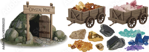 Fantasy crystal mine entrance with wooden carts full of colorful gemstones, rocks, ores isolated on white background detailed game assets