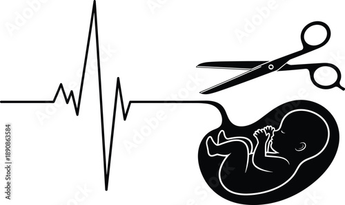 Black silhouette of fetus in womb connected to heartbeat line being cut by scissors, abortion concept, pregnancy termination vector illustration on white background.