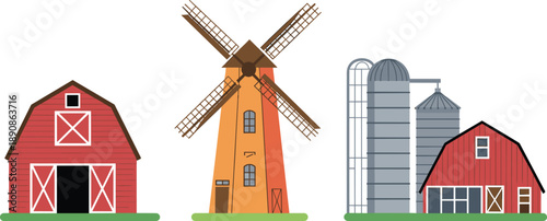 Farm buildings set with red barn, traditional windmill, metal grain silos, rural agricultural structures isolated on white background