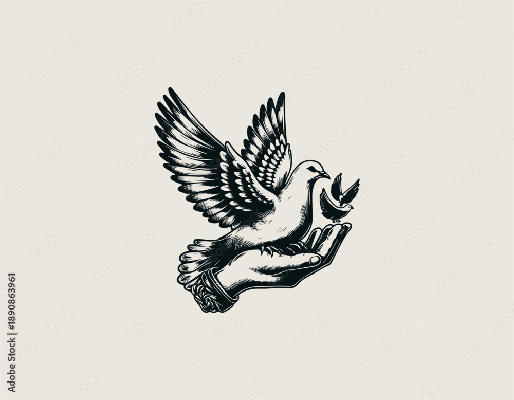 Fototapeta premium White dove illustration carries grenade object as symbolic balance themed tattoo design