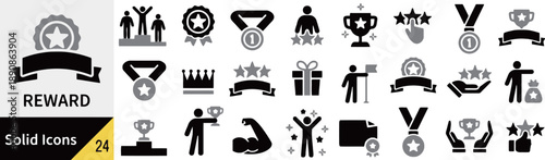 Reward icons in black and gray solid style showing achievement and success with trophies, medals, stars, and people celebrating achievements