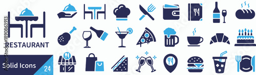 Restaurant solid icons vector collection in blue and black depicting dining elements food items and service concepts perfect for culinary business and menu designs