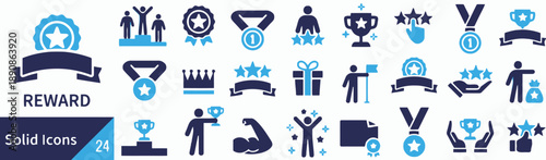 Reward icons in blue and navy blue solid style showing achievement and success with trophies, medals, stars, and people celebrating achievements