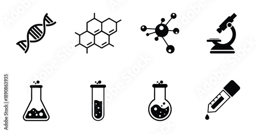 Science and chemistry vector icons set DNA molecule structure molecular model and microscope for laboratory research education and biology