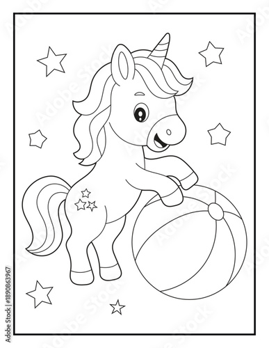 Wallpaper Mural Unicorn Playing with Beach Ball Coloring Page for Kids. Playful Fantasy  Character Coloring Sheet featuring Stars and Toy Ball Torontodigital.ca