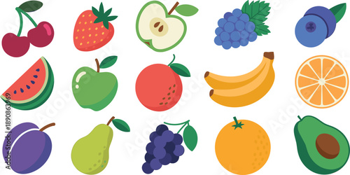 Fresh fruit collection including apple banana orange berries watermelon avocado isolated on white background healthy food concept