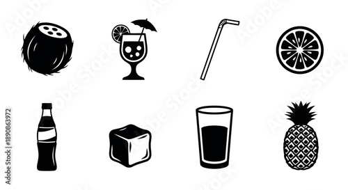 Set of black and white icons representing refreshing beverages and ingredients for summer drinks including coconut, cocktail, straw, lemon, soda, ice, glass, and pineapple