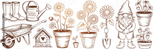 Hand drawn gardening illustration set with tools, flowers, gnome, wheelbarrow, boots, watering can, seeds, rustic garden elements