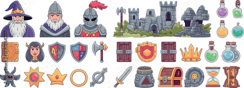 Pixel art fantasy game icons set, wizard knight demon portraits, weapons shields potions, medieval RPG assets, retro 8 bit style