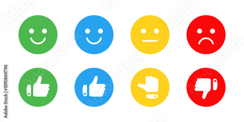 Set of eight circular icons with faces and hands showing different emotions and opinions, including happy, neutral, and sad faces, thumbs up and thumbs down hands
