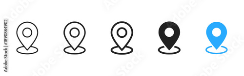 Set of map pointer icons in various styles from thin line to solid fill for navigation apps web design user interface elements location markers symbols with blue accent color and shadow effects