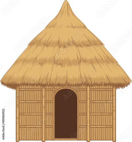 Traditional straw hut illustration with thatched roof, bamboo walls, rural village house design isolated on white background