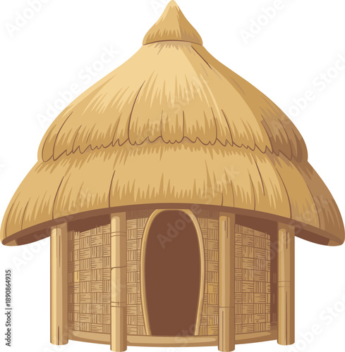 Traditional straw hut illustration with thatched roof, bamboo walls, rural village house design isolated on white background