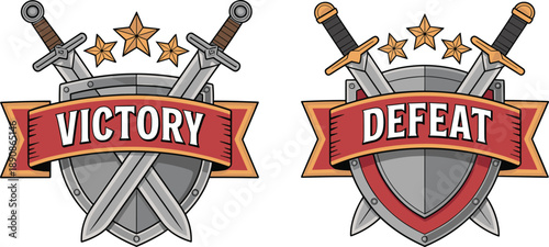 Victory and defeat emblem set with crossed swords, shields, stars, red banners, medieval game achievement icons illustration