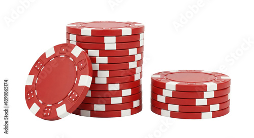 Stacks of red and white casino poker chips on a plain surface isolated on transparent background