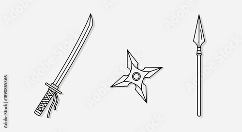 Collection of traditional japanese ninja weapons including katana sword shuriken throwing star and spear showcased in a simple black and white illustration.
