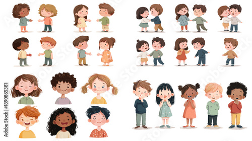 Cute kids cartoon character set showing different emotions hairstyles and interactions. Child friendly illustration ideal for education storytelling games and social concept designs.