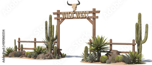 Wild west wooden gate with skull, desert cactus landscape, western entrance arch illustration, frontier ranch scene, american southwest design