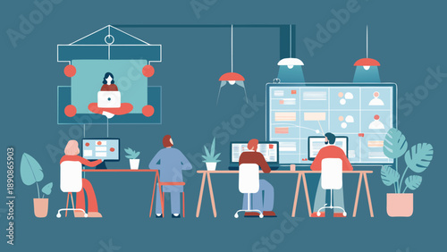 Flat illustration of people working at desks with computers and technology