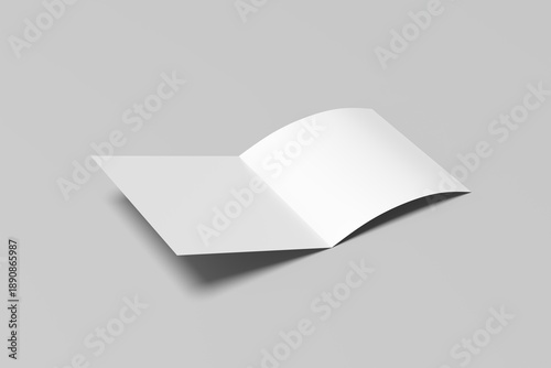 Half-fold brochure or bifold square blank white template for mockup and presentation design. Isolated on gray background. 3d rendering.
