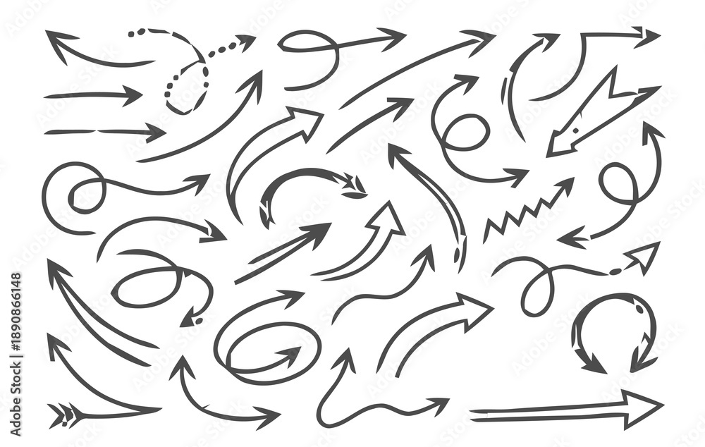 Obraz premium Crayon arrow sketches collection - hand drawn doodle style pointers, curved lines, round swirls. Chaotic scribbling, artistic design elements set.vectors icon Desing 