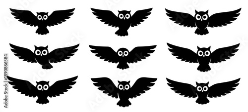 Set of nine black silhouette owls in flight and perched positions, various wing poses, nocturnal bird symbols, animal illustration collection, wisdom and mystery icons