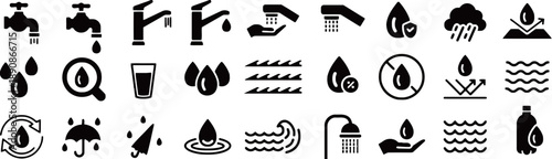 Set of water related icons including faucets drops glass umbrella rain cloud and waves perfect for conservation and environmental themes clean liquid symbols