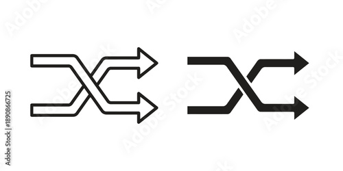 Shuffle arrows icon in two styles, outline and solid, symbolizing randomization, mixing, or order change for playlists or data, useful for music apps and software interfaces