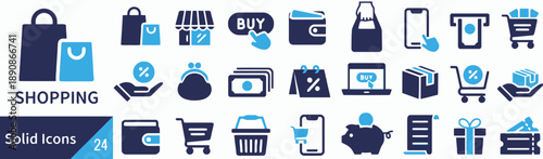 Shopping solid icons collection with bags, store, buy button, wallet, bottle, smartphone, atm, cart, receipt, gift box, piggy bank, piggy bank, hand with percent sign