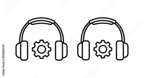 A simple black and white line drawing depicts two pairs of headphones with gear icons between them