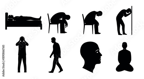 Silhouette figures illustrating human emotions and states of being in various poses including rest, grief, despair, and contemplation, isolated on white background