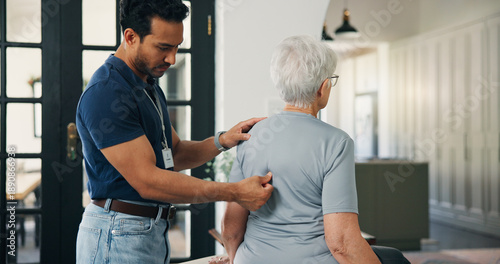 Tableau sur toile Old woman, chiropractor and consultation in nursing home with back pain, support or rehabilitation