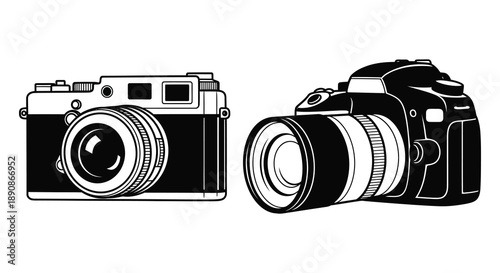 A striking black and white illustration showcases two distinct camera types a rangefinder and a dslr high quality professional detailed