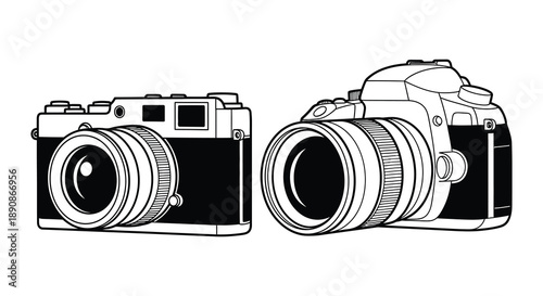 A black and white illustration depicts two distinct camera types a rangefinder and a digital slr high quality