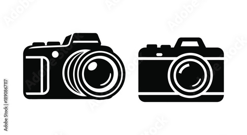 A simple black and white illustration depicts two different styles of vintage cameras facing left high quality professional