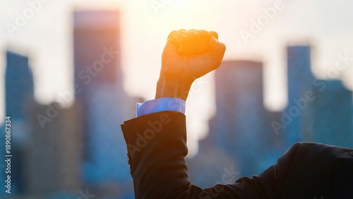 A powerful fist raised high against a blurred city skyline backdrop during a radiant golden hour sunset.
