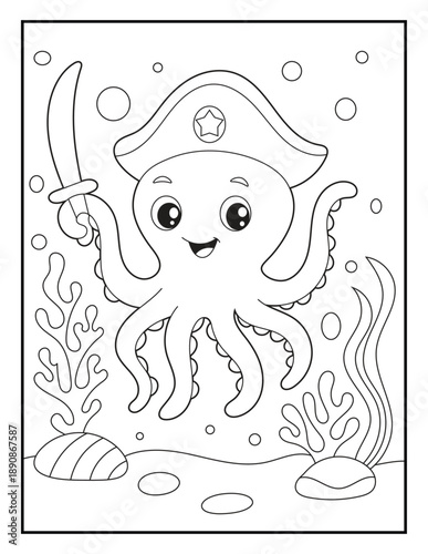 Cute Pirate Octopus Holding Sword Underwater Coloring Page for Kids.