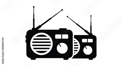 A stark black and white illustration depicts two vintage radios side by side featuring extended antennas high quality professional detailed modern elegant