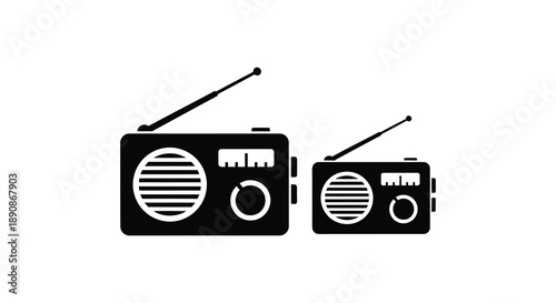 A minimalist black and white illustration depicts two vintage radios with extended antennas side by side high quality