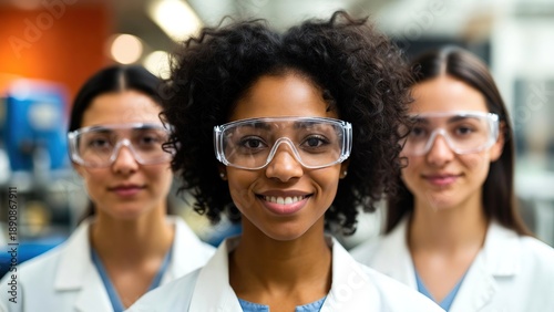 A confident black female scientist in safety glasses smiles, flanked by two blurred colleagues in a modern laboratory setting.