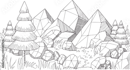 Geometric Mountain Landscape with Polygonal Trees and Crystals forest