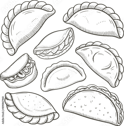 Hand Drawn Black and of Various Stuffed Pastries