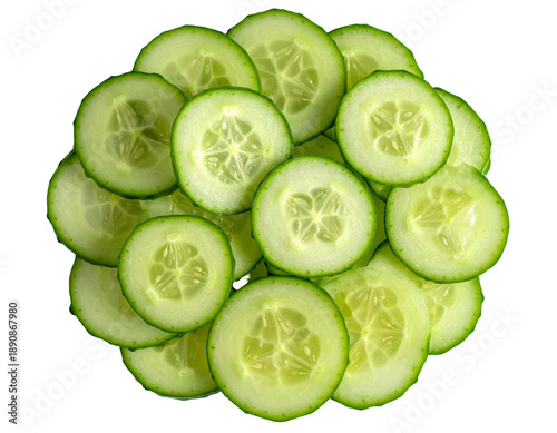 Circular arrangement of thinly sliced, vibrant green cucumber rounds