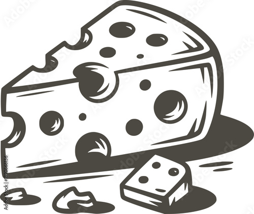 Large slice of swiss cheese with holes and crumbs a surface