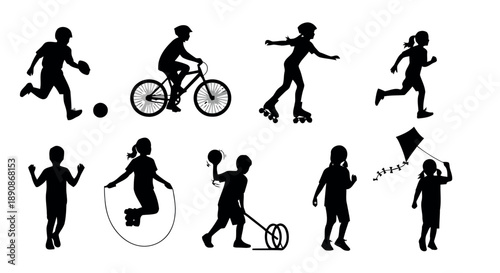 Silhouettes of diverse people enjoying various outdoor activities like running biking rollerblading playing with a ball and flying a kite active lifestyle healthy fun