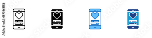 Smartphone interface with heart icon and progress bar, various styles line art, solid black, blue and navy blue for dating app or love theme